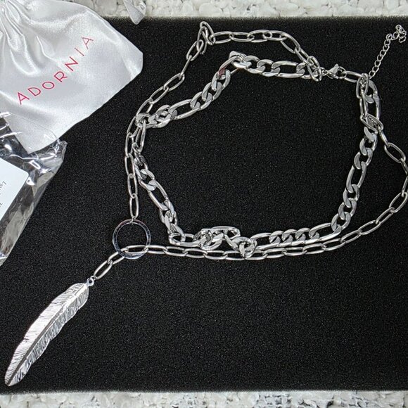 Water Resistant Mixed Chain Feather Lariat Layered Necklace - Picture 4 of 5